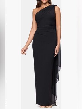Xscape Black One-Shoulder Column Gown with Chiffon Drape